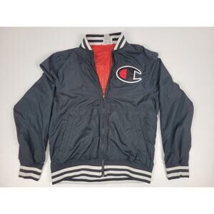 Vintage Champion Satin Windbreaker Varsity Navy Blue Jacket Spellout Mens Medium